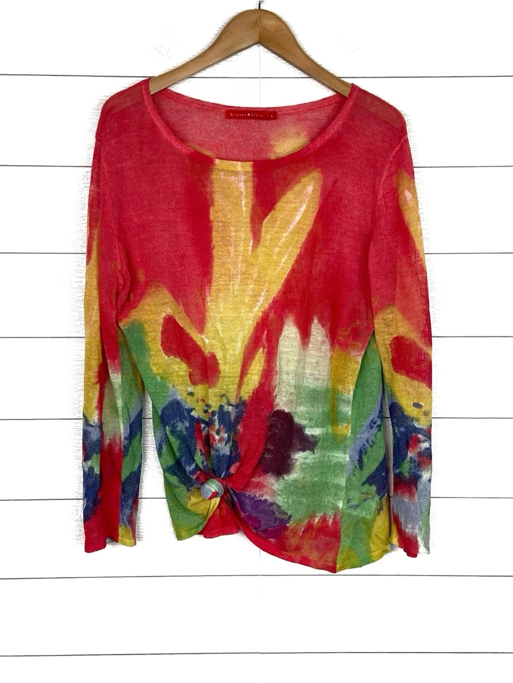 KRIMSON KLOVER Linen Blend Colorful Watercolor Lightweight Long Sleeve Top Large